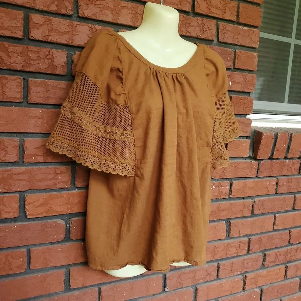 Old Navy Crochet Flutter Sleeve Top Womens M Sisal Brown Boho Chic Fairycore - Picture 5 of 9